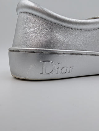 Silver Metallic Glitter Leather Dior Happy Floral Embellished Slip On Sneakers