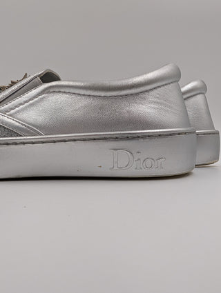 Silver Metallic Glitter Leather Dior Happy Floral Embellished Slip On Sneakers