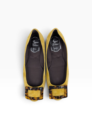 Yellow Suede Gommette Tortoiseshell Buckle Ballerinas