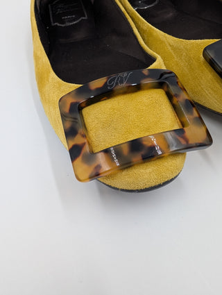 Yellow Suede Gommette Tortoiseshell Buckle Ballerinas
