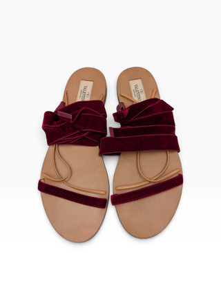 Maroon Velvet And Leather Open Toe Flat Ankle Wrap Sandals