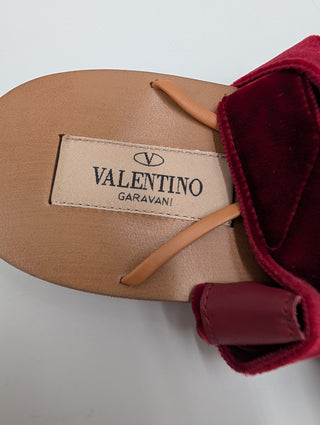 Maroon Velvet And Leather Open Toe Flat Ankle Wrap Sandals