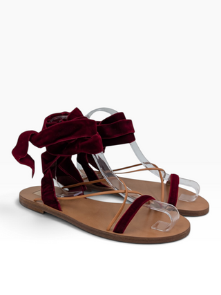 Maroon Velvet And Leather Open Toe Flat Ankle Wrap Sandals
