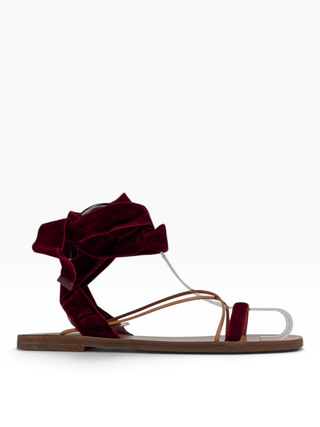Maroon Velvet And Leather Open Toe Flat Ankle Wrap Sandals