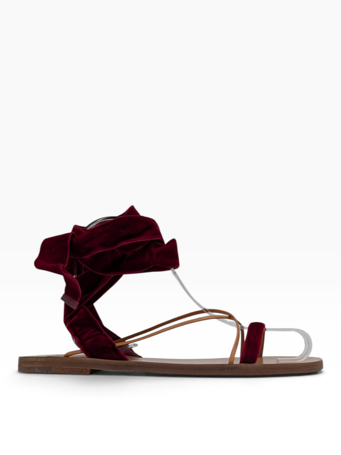 Maroon Velvet And Leather Open Toe Flat Ankle Wrap Sandals