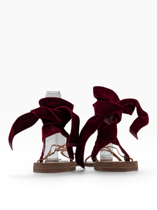 Maroon Velvet And Leather Open Toe Flat Ankle Wrap Sandals