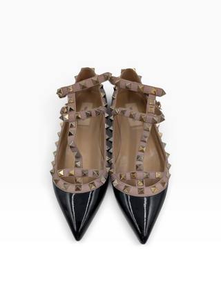 Black Patent Leather Rockstud Cage Flats