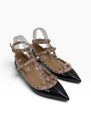 Black Patent Leather Rockstud Cage Flats