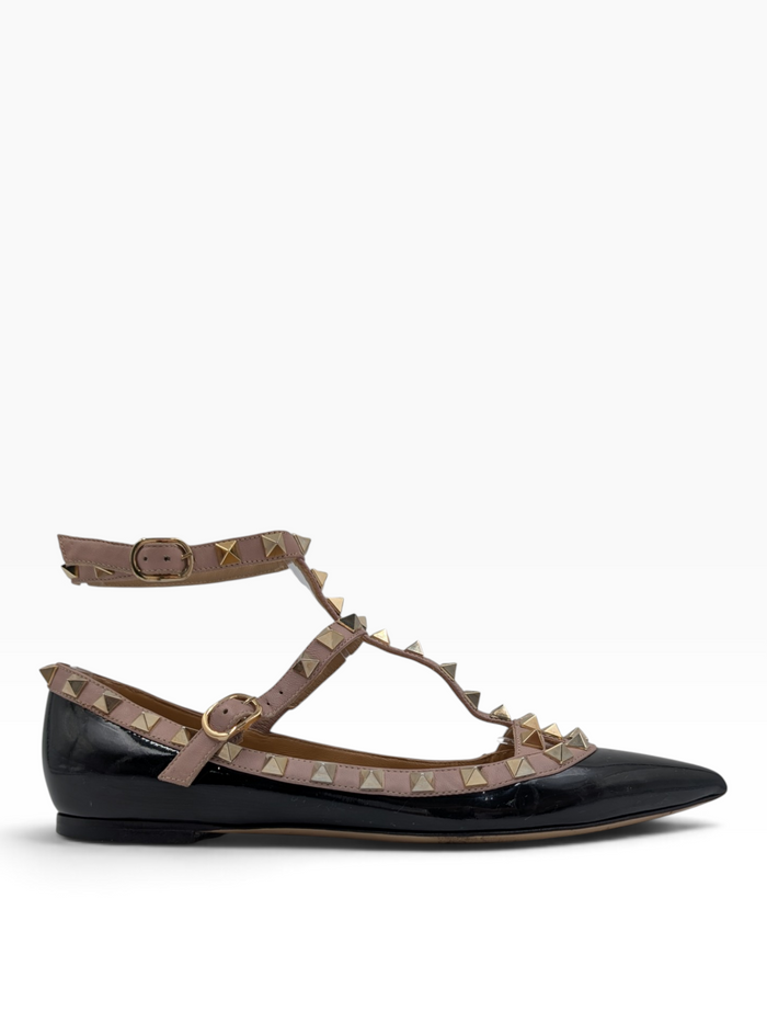 Black Patent Leather Rockstud Cage Flats