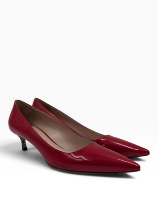 Red Patent Leather Point-Toe Heels With Bedazzled Sole