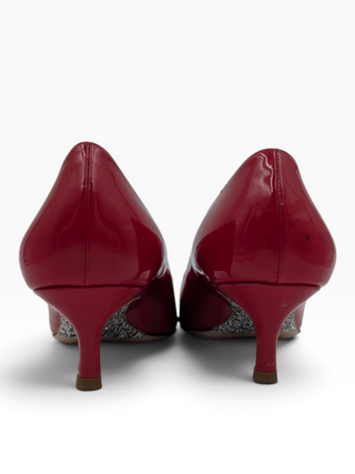 Red Patent Leather Point-Toe Heels With Bedazzled Sole