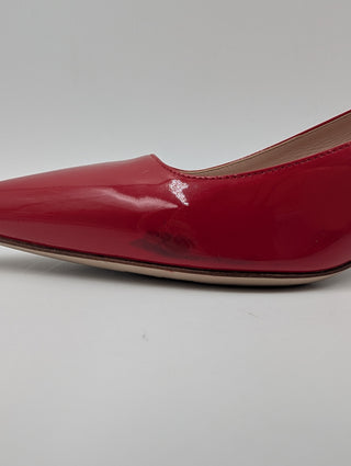 Red Patent Leather Point-Toe Heels With Bedazzled Sole