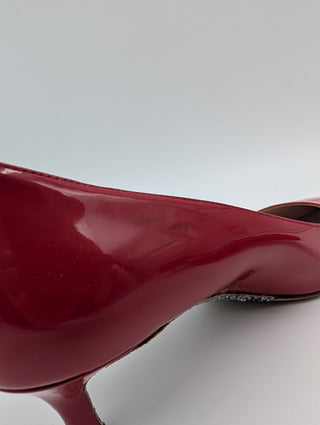 Red Patent Leather Point-Toe Heels With Bedazzled Sole