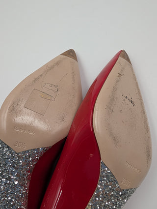 Red Patent Leather Point-Toe Heels With Bedazzled Sole
