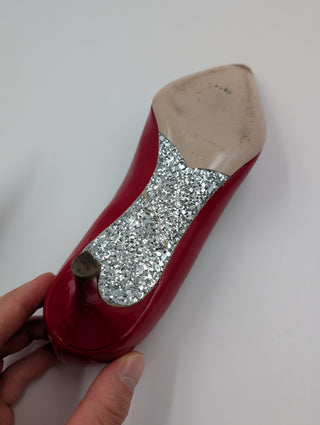 Red Patent Leather Point-Toe Heels With Bedazzled Sole