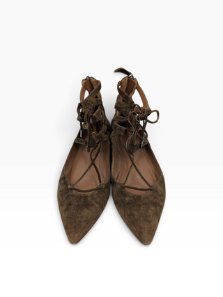 Khaki Suede Dancer Ankle Tie Ballet Flats