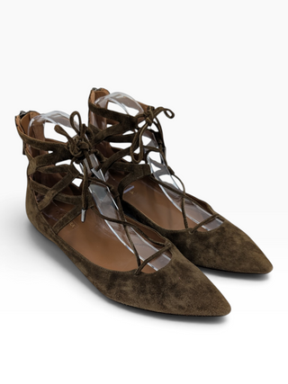 Khaki Suede Dancer Ankle Tie Ballet Flats