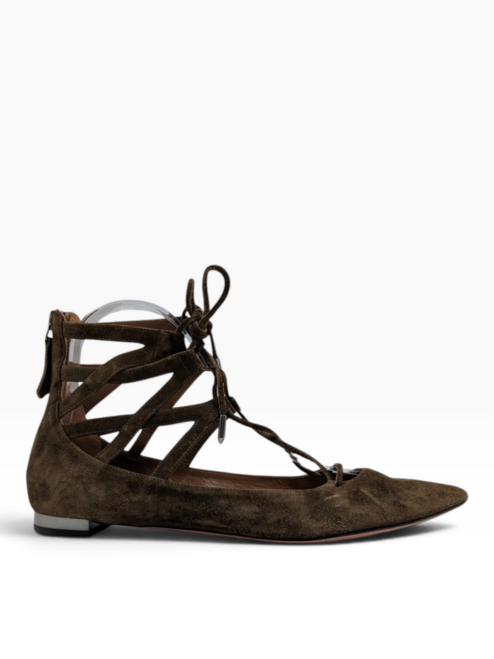 Khaki Suede Dancer Ankle Tie Ballet Flats