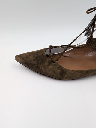 Khaki Suede Dancer Ankle Tie Ballet Flats