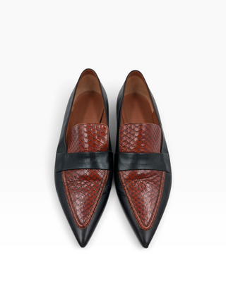 Black Python Embossed And Leather Slip On Loafers