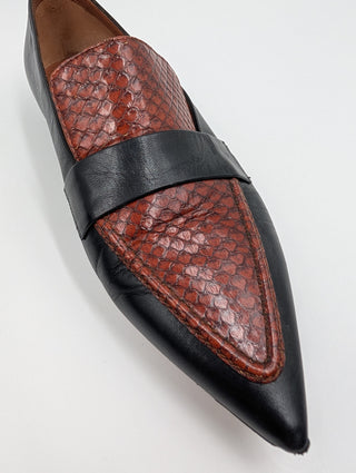 Black Python Embossed And Leather Slip On Loafers