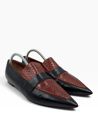 Black Python Embossed And Leather Slip On Loafers