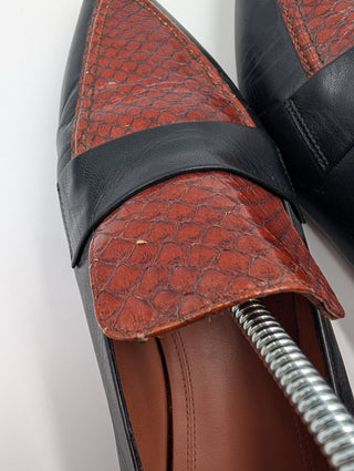 Black Python Embossed And Leather Slip On Loafers