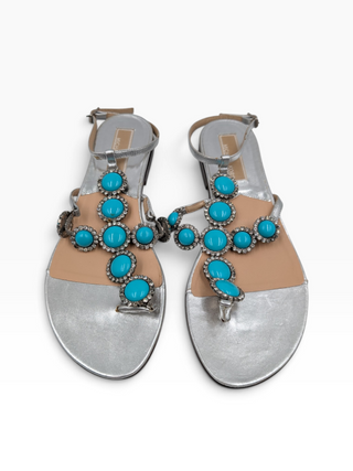 Silver Sandals With Turquoise Decorations And Ankle Strap