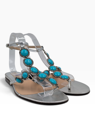 Silver Sandals With Turquoise Decorations And Ankle Strap