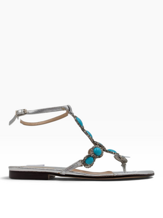 Silver Sandals With Turquoise Decorations And Ankle Strap
