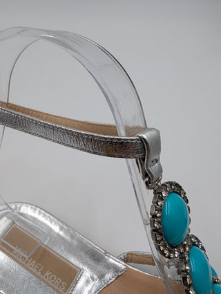 Silver Sandals With Turquoise Decorations And Ankle Strap