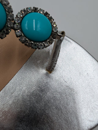 Silver Sandals With Turquoise Decorations And Ankle Strap