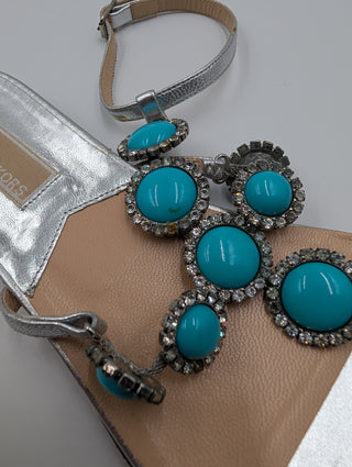 Silver Sandals With Turquoise Decorations And Ankle Strap