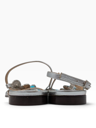 Silver Sandals With Turquoise Decorations And Ankle Strap