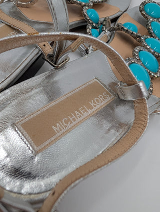 Silver Sandals With Turquoise Decorations And Ankle Strap