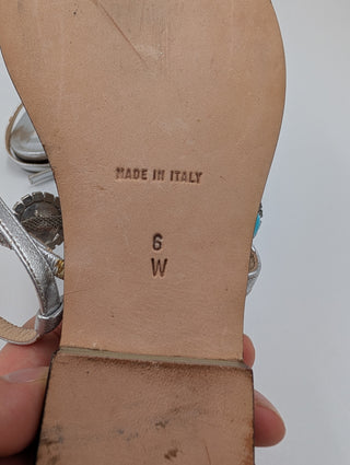 Silver Sandals With Turquoise Decorations And Ankle Strap