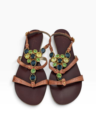Brown Sandals With Gemstone Buckle And Ankle Strap
