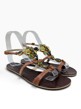 Brown Sandals With Gemstone Buckle And Ankle Strap
