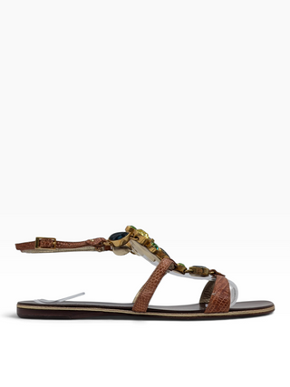 Brown Sandals With Gemstone Buckle And Ankle Strap