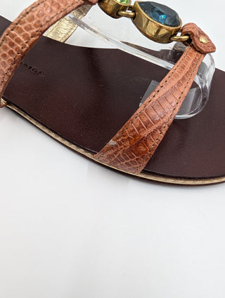 Brown Sandals With Gemstone Buckle And Ankle Strap