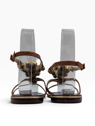 Brown Sandals With Gemstone Buckle And Ankle Strap