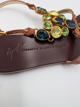 Brown Sandals With Gemstone Buckle And Ankle Strap