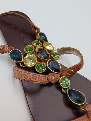 Brown Sandals With Gemstone Buckle And Ankle Strap