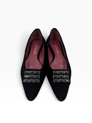 Black Velvet Flats With Crystal Buckle