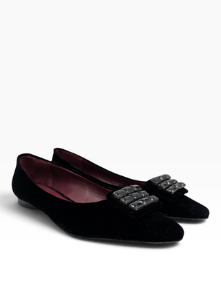 Black Velvet Flats With Crystal Buckle