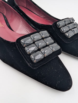 Black Velvet Flats With Crystal Buckle