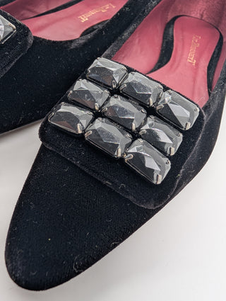 Black Velvet Flats With Crystal Buckle