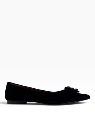 Black Velvet Flats With Crystal Buckle