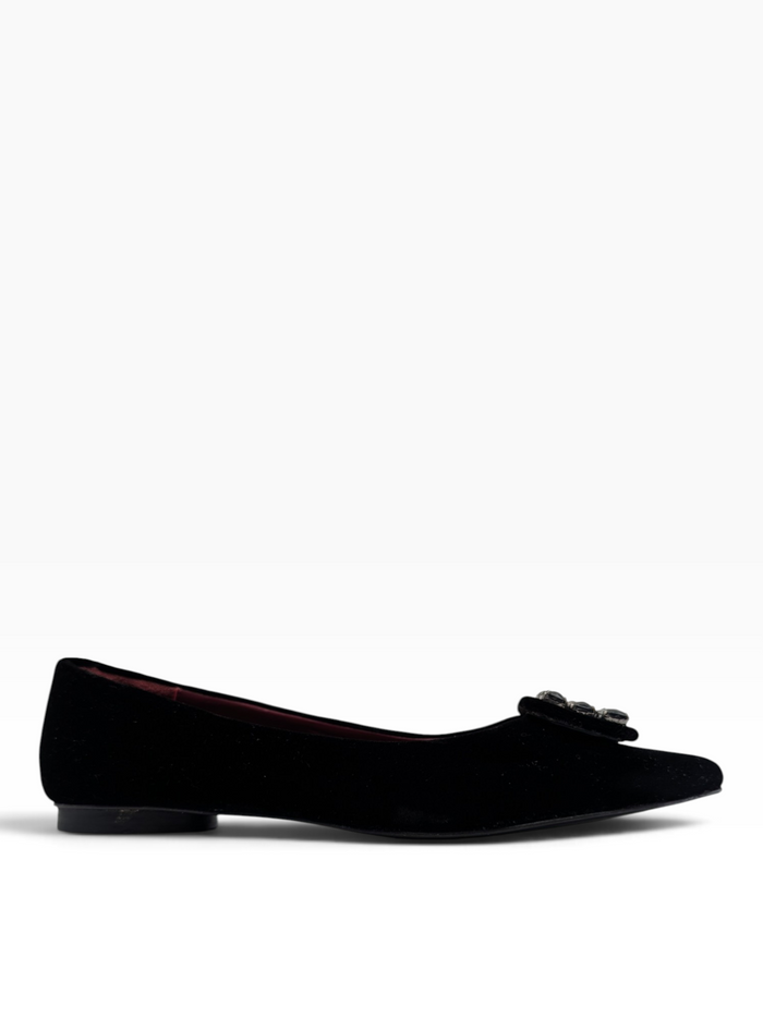 Black Velvet Flats With Crystal Buckle