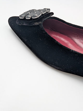 Black Velvet Flats With Crystal Buckle